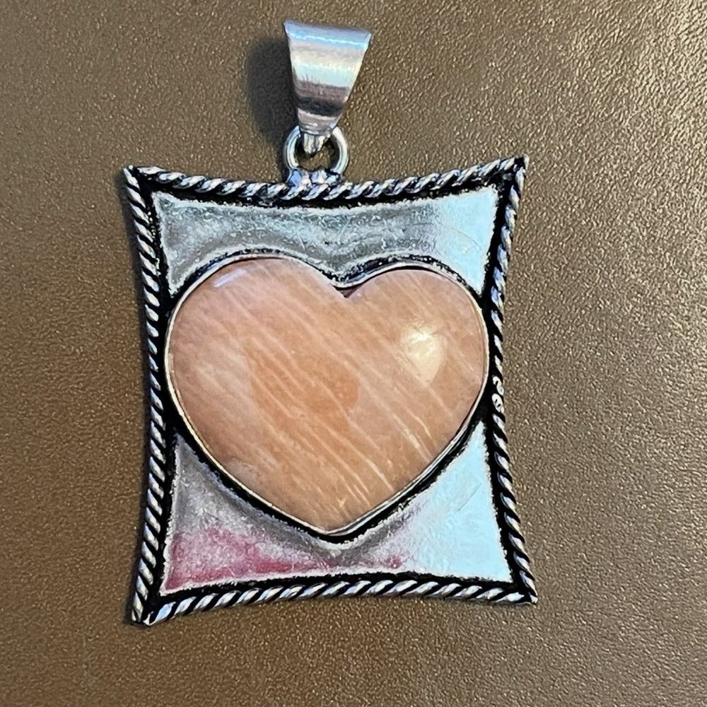 Heart Shaped Pink, Peach Amazonite 925 Silver Plated 1.6” Pendant Artisan Charm